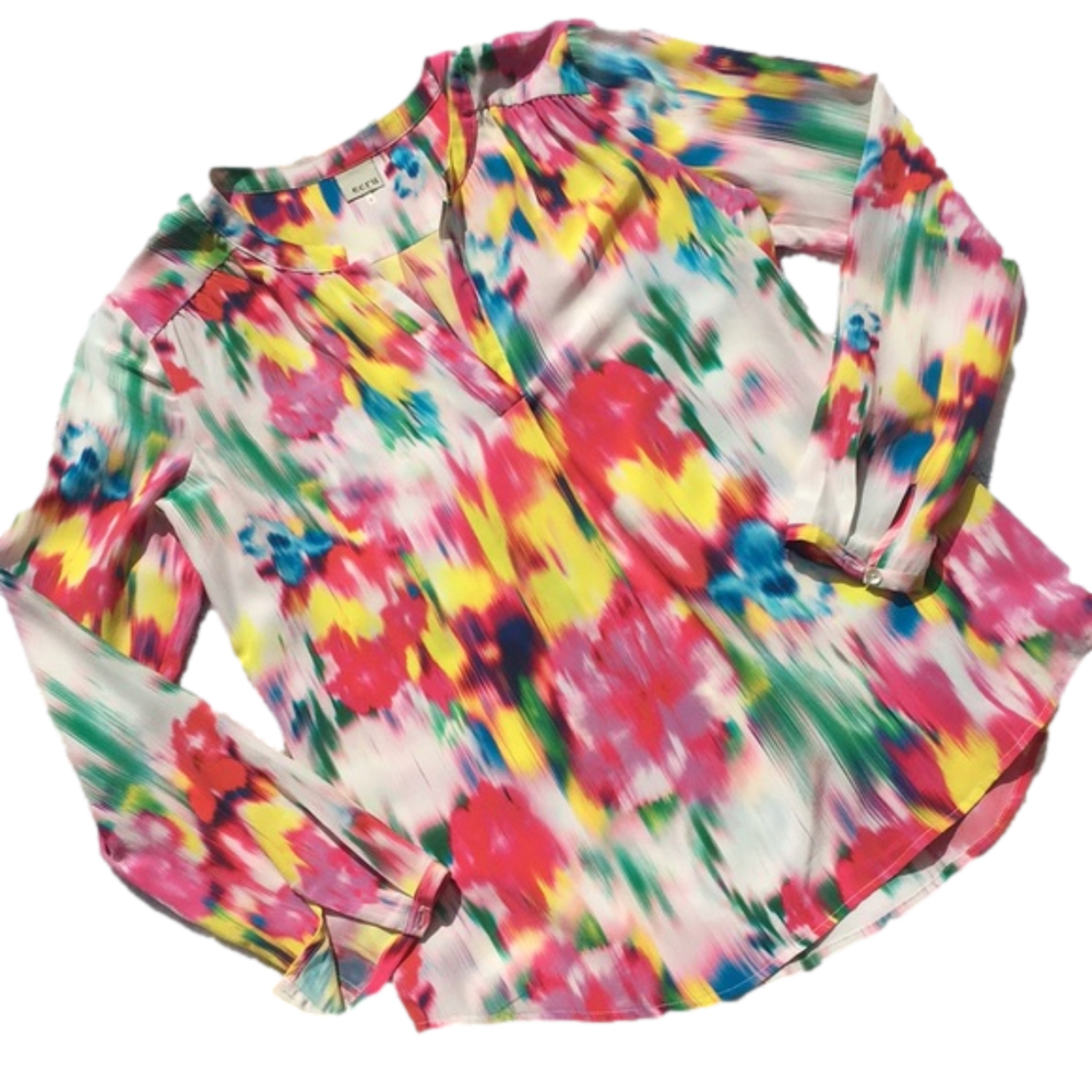 Ecru Colorful Silk Long Sleeve Blouse Sz S